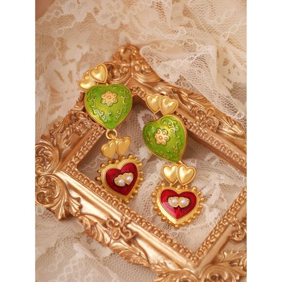 Byzantine Dangle Earrings Zinc Colorful Retro Heart Statement Jewelry - Picture 6 of 7